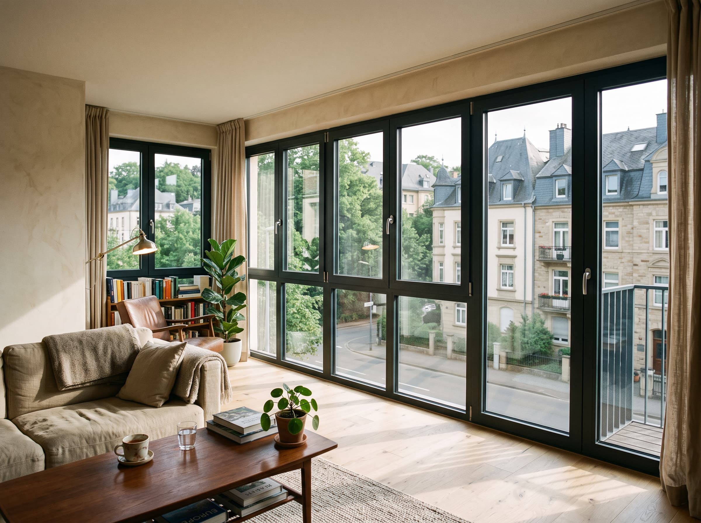 Appartement lumineux avec une succession de grandes fenêtres et une porte vitrée