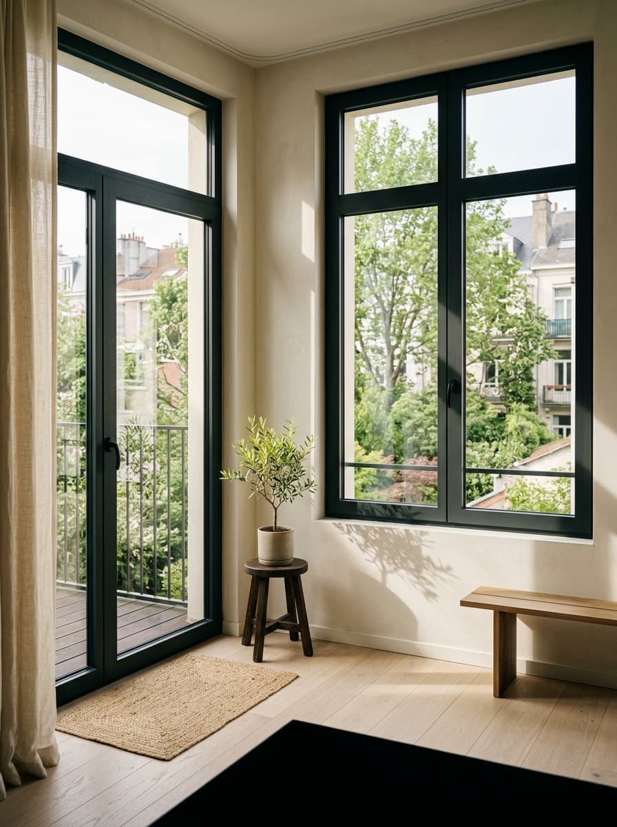 Appartement lumineux avec fenêtres et porte vitrée donnant sur un balcon