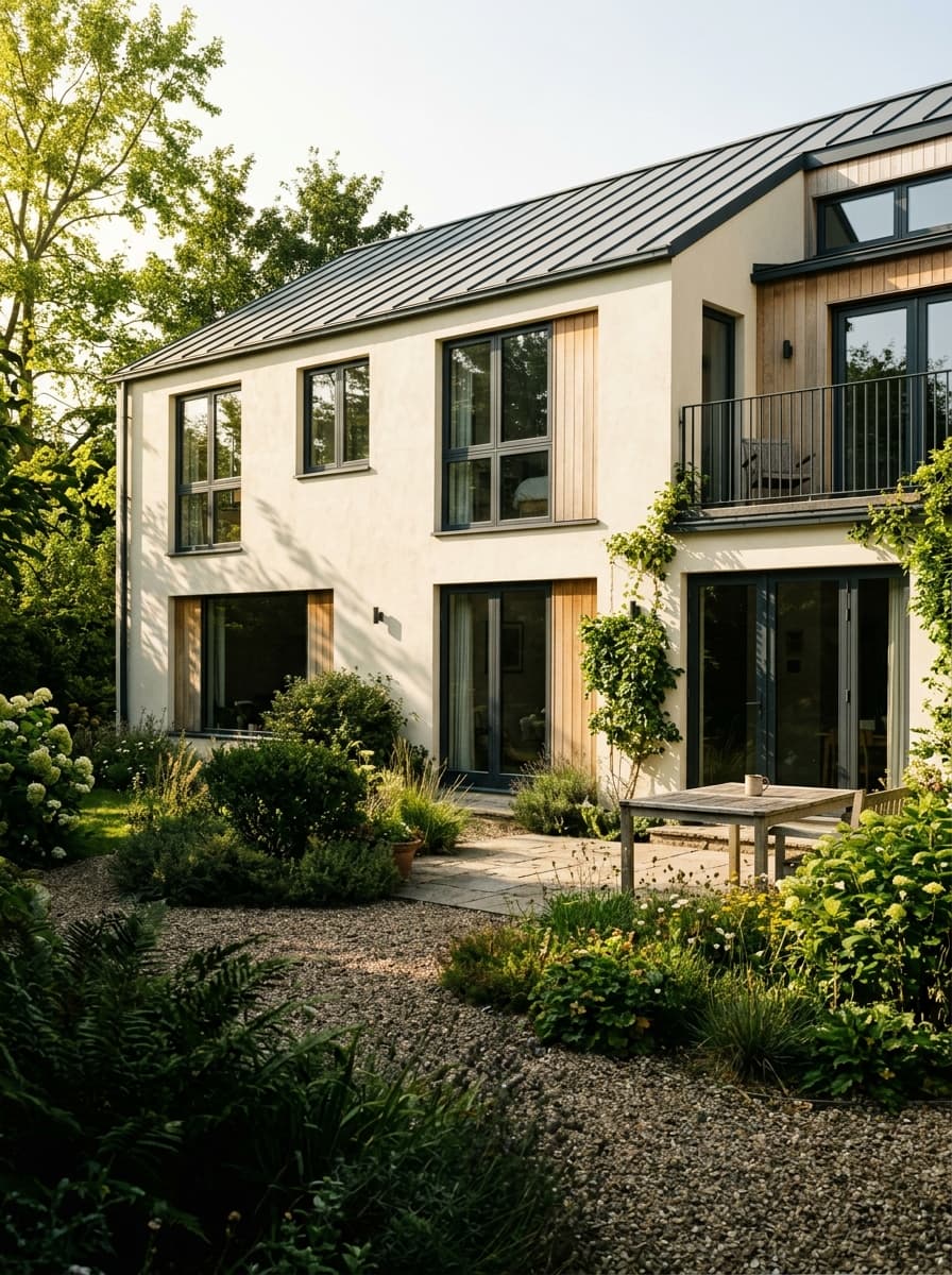 Maison contemporaine avec plusieurs fenêtres sur deux niveaux