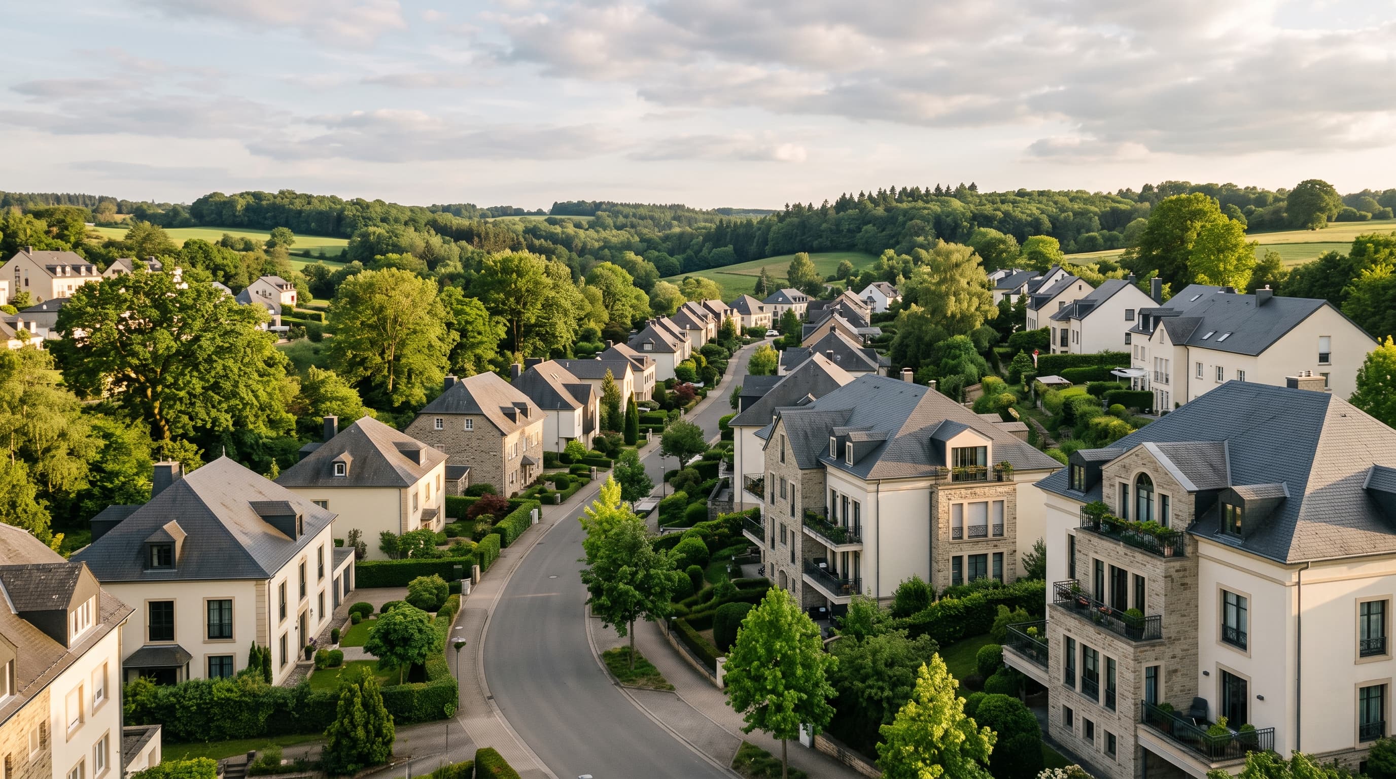 Paysage résidentiel luxembourgeois entre habitations et relief verdoyant