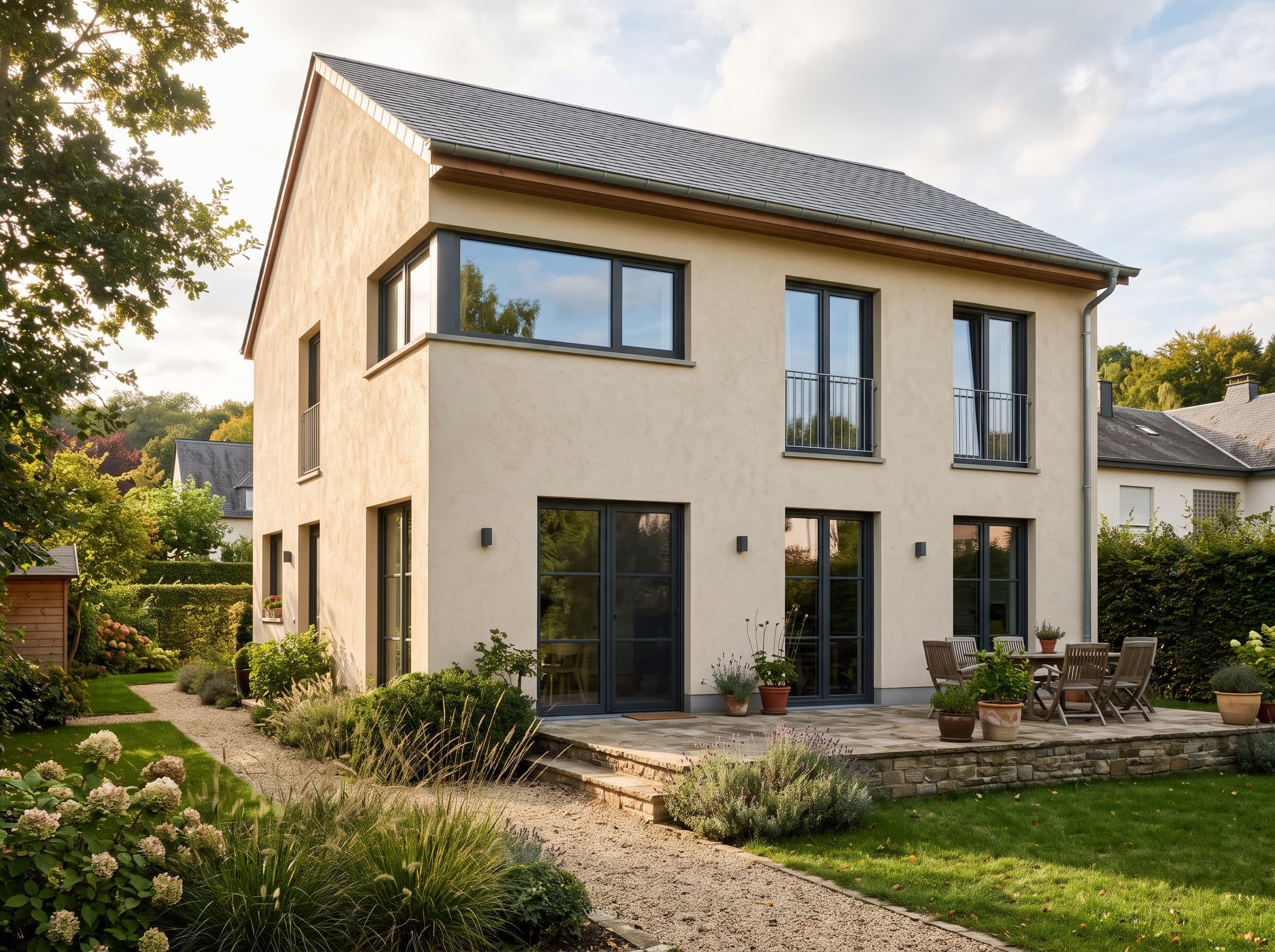 Maison contemporaine entourée d'un jardin avec différents formats de fenêtres